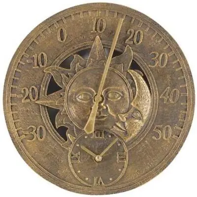 £32.95 • Buy Outdoor/Indoor Garden Wall Clock 12  Sun Moon Clock Face With Thermometer Gauge