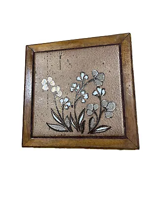 Vintage 70’s Ceramic Tile Wood Floral Trivet Boho 7.5”Square • $11.99