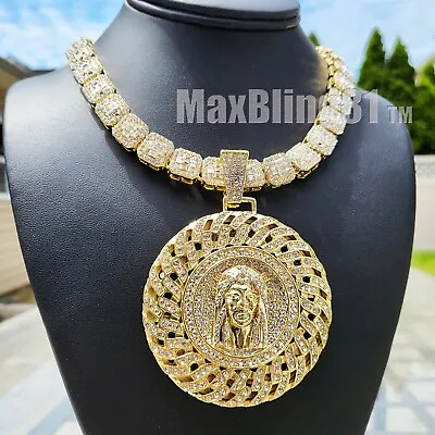 Hip Hop Icy Large Jesus Pendant & 16  18  20  Iced Baguette Stone Chain Necklace • $18.99