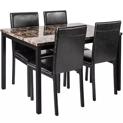 5Pcs Dining Set Kitchen Room Table Set Dining Table And 4 Leather Chairs Black • $165