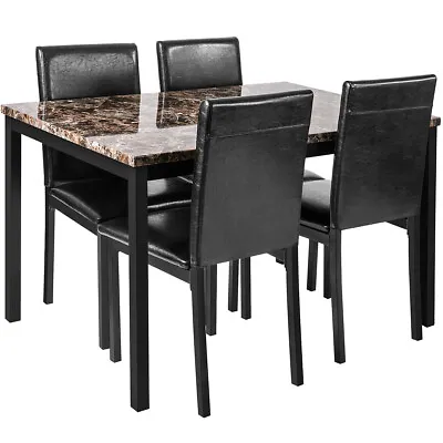 5Pcs Dining Set Kitchen Room Table Set Marble Dining Table And 4 Leather Chairs  • $173.99
