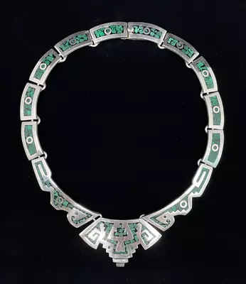 Vintage TAXCO Sterling Silver & Malachite Inlay Panel Necklace Signed RHC 99.9g • $195