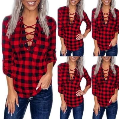 £11.79 • Buy Womens Plaid Check Shirt Ladies Lace Up V Neck Long Sleeve Tartan Blouse Tops