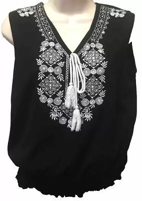 Dressbarn Womens S Black Banded Hem Embroidered Sequin Tassel Tie Sleeveless Top • $8.19