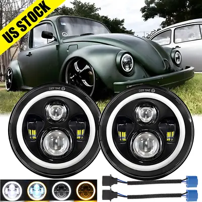 7  Inch Round LED Headlights Hi/Lo Beam Halo Angle Eyes For VW Beetle 1967-1979 • $58.79