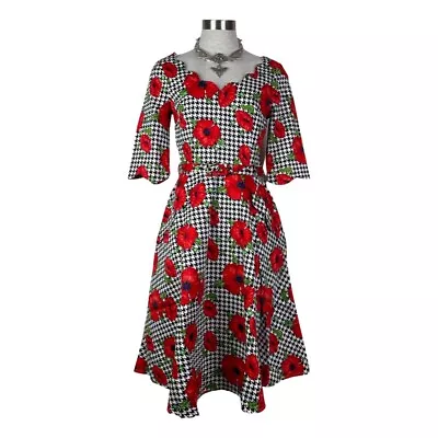 VOODOO VIXEN RETRO PIN UP 50s SUZANNE HOUNDSTOOTH POPPY FLARE DRESS DRA8081 • $21.99