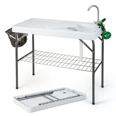 Portable Folding Fish Cleaning Table W/ Sink Camping Table W/ Grid Rack & Faucet • $98.96