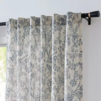 Linen Curtains Farmhouse Blue Floral Print Curtains 84 Inches Long Back Tab Drap • $53.40
