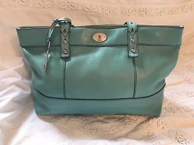 FOSSIL Teal Blue Leather HUNTER Tote Bag Purse-NICE • $89