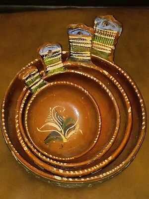 Old Mexican Pottery X4 Clay Red Ware Nesting Bowls W/ Handle Serving Mixing Vtg • $130