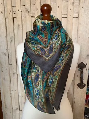 100% Pure Fine Dark Grey Paisley Silk Square Scarf Shawl • £20