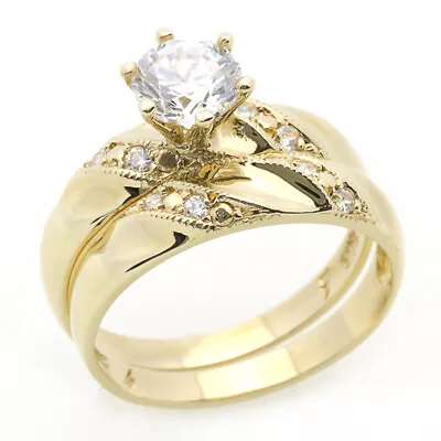 14K Yellow Gold Bridal Ring 1ct CZ Engagement Solitare Band Wedding Ring Set • $487.99