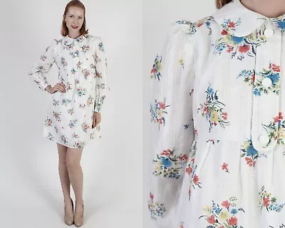 Vtg 60s White Peter Pan Collar Mini Dress Floral Bouquet Mod Babydoll Seersucker • $56.05