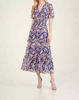 Shoshanna Women's Neveah Dress Size 12 Navy Marigold Multicolor Midi V-Neck • $69.95