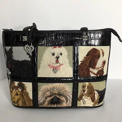 BRIGHTON Handbag Black Leather Needlepoint Embroidered Dogs Purse 14X9 VTG Clean • $98.78