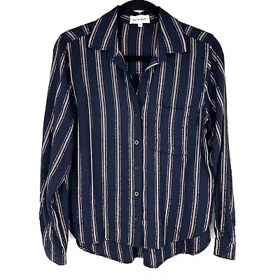 Bella Dahl Metallic Stripe Roll-Tab Tie-Front Shirt Navy Blue/Rose Gold XS • $38