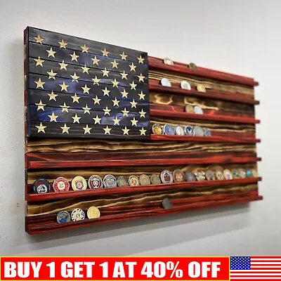 Vintage American Flag Solid Wood Wall Mounted Challenge Coin Display Holder Rack • $16.99