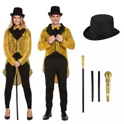 Adult Sequin Gold Tailcoat Circus Ringmaster Dance Costume Silver Pimp Stick • $27.19