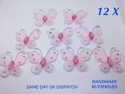 12 X Handmade Baby Pink Sparkly Butterfly Embellishments Card Making Crafts • £3.49