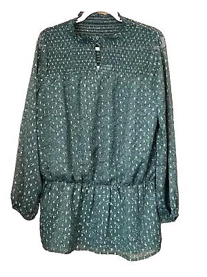 Linea Tesini Size 16 18 Green Silver Sparkle Print Shirred TOP Blouse Boho • £19.99