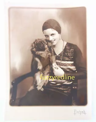 Vtg BACHRACH Portrait PHOTO Beautiful FLAPPER GIRL W/ PEKINGESE DOG Gatsby Era • $9.99