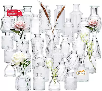 Set Of 32 Bud Vases For Flowers Small Vintage Glass Bottles For Rustic Wedding • $60.54