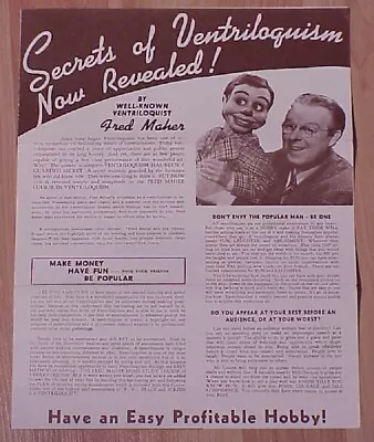 SECRETS OF VENTRILOQUISM NOW REVEALED By Ventriloquist Fred Maher 4page Brochure • $29.99