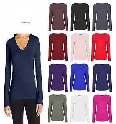 Womens Plain V Neck Long Sleeve Casual Basic Top Ladies Summer T-Shirt Plus Size • £6.89