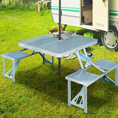 Fold Up Picnic Table Stool Chair Set W/ Umbrella Hole Aluminum Portable Camping  • £44.89