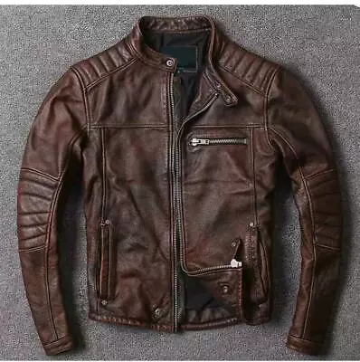 Cafe Racer Biker Brown Leather Jacket Mens Motorcycle Distressed Genuine LEATHER • $103.49