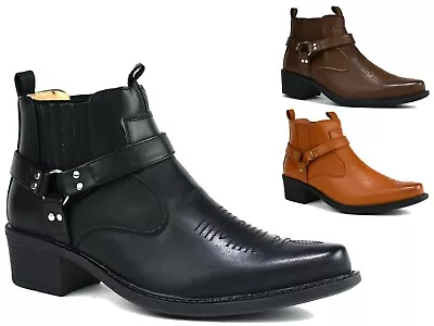 Mens Cowboy Western Boots Cuban Heel Chelsea Ankle Biker Elastic Shoes Size 6-12 • £26.99