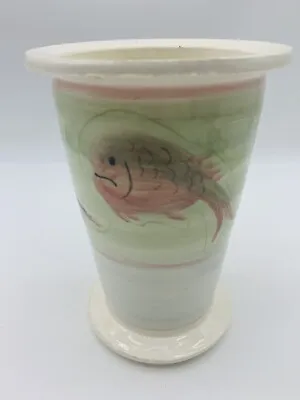 Vintage Studio Art Pottery Vase Hand Painted Fish Pattern Signed S. Darry 7in • $18