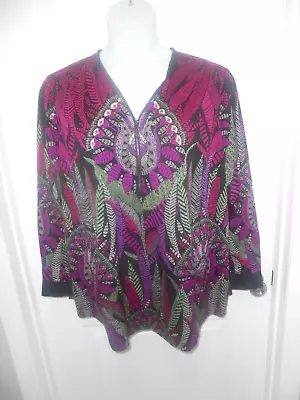 Bob Mackie Womens Multi Color Pattern Long Sleeves V-Neck Top Size 2X • $27.99