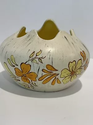 Mid Century Modern Ceramic Bowl Vase W/Yellow Flowers Yellow Interior • $45