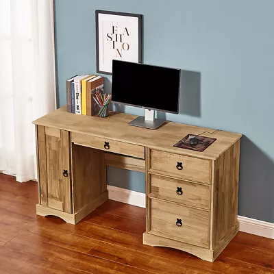 Panana Solid Pine Computer Desk Home Office Table 1 Door 3 Drawers Storage Waxed • £129.99