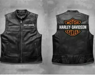 Harley Davidson Men's 100% Real Leather Black Biker Vest Leather Moto Café Vest • £34.68