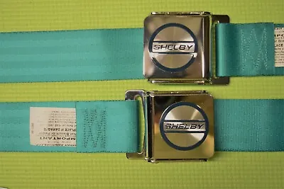 New 65-71 Mustang Seat Belt Set. Chrome Pull Up Release With SHELBY Emblems-AQUA • $30