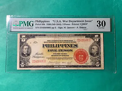 1936 PHILIPPINES 5 PESOS TREASURY CERTIFICAT  USA WAR DEPT ISSUE P-83b PMG VF 30 • $649.99