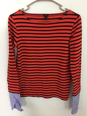 J Crew Navy & Red Striped Boatneck T-Shirt W/ Built-In Cuffs Size XXS F8860 • $8.10