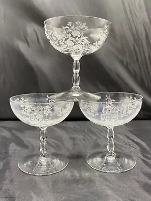 Vtg Floral Etched Glass Dessert Sherbet Champagne Stemware 4” Cups Set Of 3 • $11.89