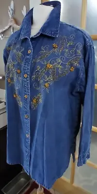 Vintage Denim Shirt Embroidered Beaded Jean Gold Floral CZ Club Z Buttons Sz XL? • $32.51