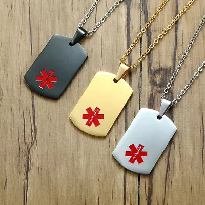 Free Engraving Medical Alert ID Dog Tag Pendant Necklace Aid SOS Stainless Steel • £6.47