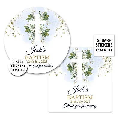 £3.49 • Buy Christening Stickers Personalised Blue Botanicals Cross Gloss A4 Sheet X1