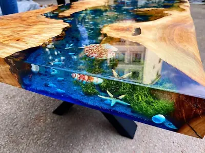Custom Made Blue Epoxy Dining Table With Shells Resin River Coffee/Side Table • $2809