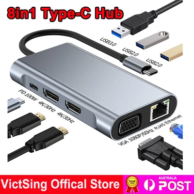 $48.99 • Buy USB C HUB To 4K HDMI VGA USB 3.0 Adapter 8in1 Type C Adapter For MacBook Pro Air