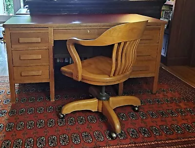 Classic Solid Oak Bankers Desk With Leather Top &Tilt Swivel Desk Chair • $4300
