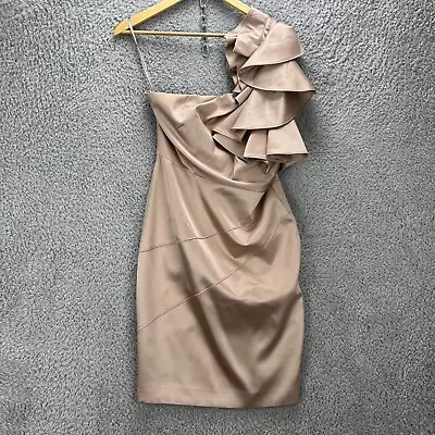 Karen Millen Champagne Signature Satin One Shoulder Ruffle Cocktail Dress UK 12 • £29.99