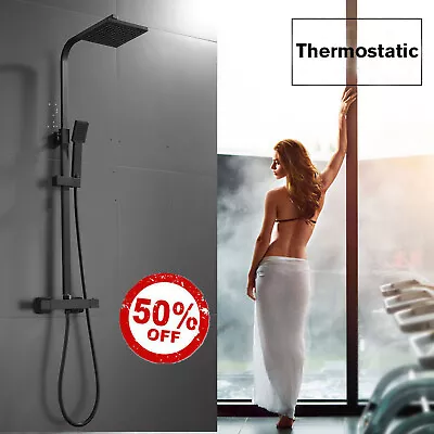 Matt Black Dual Control Thermostatic Shower Square Head Mixer & Easy Fitting Kit • £13.60