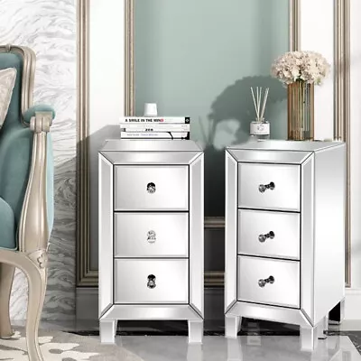 Set Of 2 Nightstand Mirrored Bedside Table 3 Drawers Crystal Bedside Table • $139.98