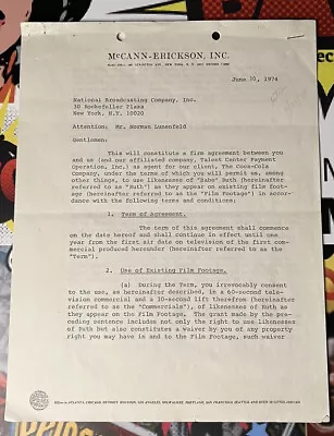 Babe Ruth 1974 Nbc Coca-cola Contract Signed Psa/dna Coa By Mrs. George H Ruth • $3000